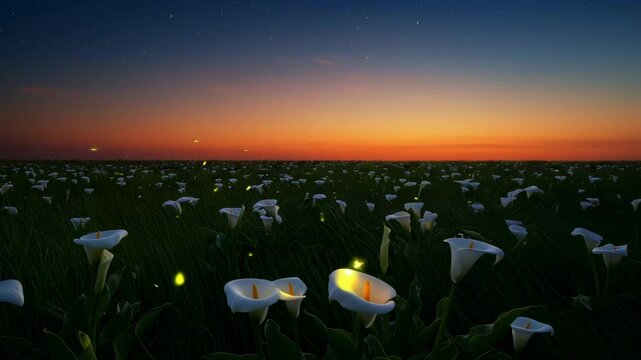 Field of white calla lily flowers with fireflies against a twilight sky transition. Magical evening nature animation.