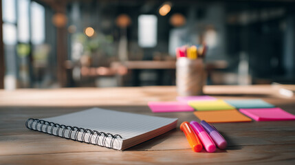 A notepad, colored pens, and sticky notes