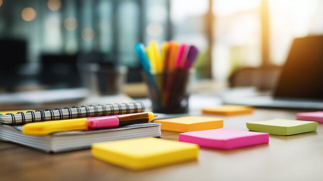 A notepad, colored pens, and sticky notes