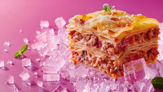 Slice of delicious lasagna with meat sauce, garnished cheese and mint, on vibrant pink background ice