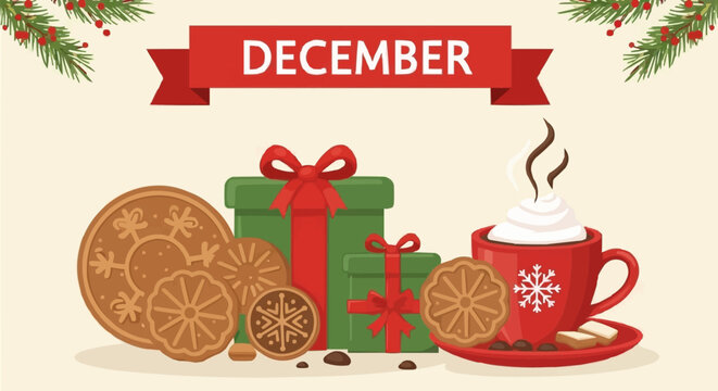 Festive December composition with Christmas gifts and hot chocolate.