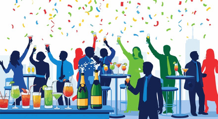 Diverse group of people celebrating at a lively party with drinks and confetti.