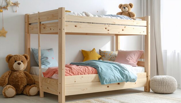 Cozy childrens bedroom with wooden bunk bed with teddy bears, and and colorful pillows.