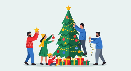 Family Decorating Christmas Tree with Gifts and Festive Cheer.