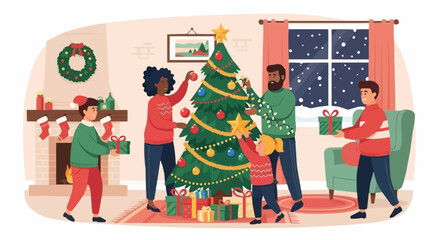 Family joyfully decorates Christmas tree with ornaments and gifts.