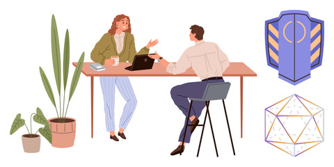 Two professionals conversing at a table with a laptop and coffee, surrounded by plants, a shield icon, and a geometric frame. Ideal for teamwork, collaboration, planning, strategy, analysis