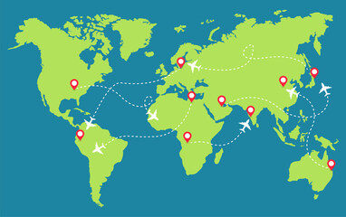 world map aircraft travel holiday plane traffic vector template design illustration