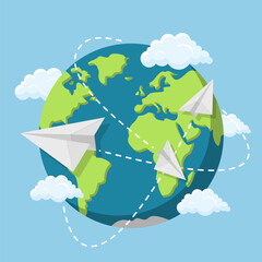 world map globe aircraft illustration travel holiday simple earth plane traffic cloud style