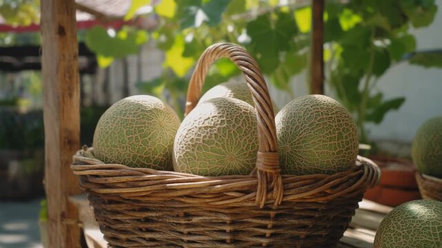 A rustic wicker basket filled with fresh, ripe cantaloupe melons sitting outdoors in natural light.