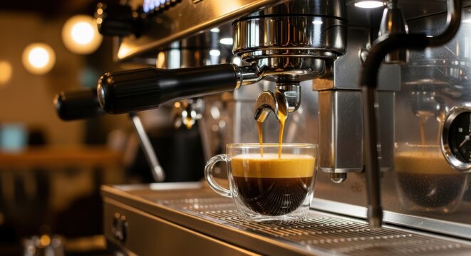 Espresso Pouring from Machine: Close-up of Rich Espresso Shot Dripping from a Professional Coffee Machine into a Clear Glass Cup for Barista and Cafe Culture