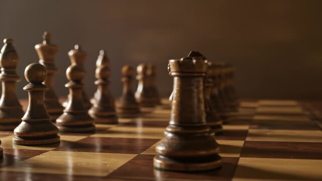 Warm, wooden chessboard in perspective with scattered pieces foreground pawns, distant kings softly