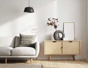 Minimalist living room with sofa, cabinet, and decor