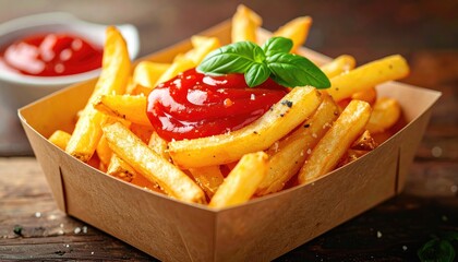 Golden fries, ketchup, basil in brown box. Close-up shot