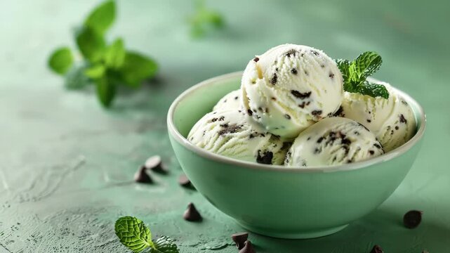 Green mint chocolate chip ice cream in bowl with leaves and pieces