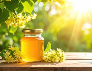 Golden honey jar, wooden surface, bright light, floral accents