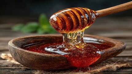 Honey dripping from wooden dipper into wooden bowl on rustic surface.
