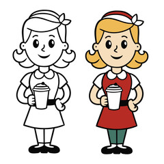 A cute coffee girl holding a warm cup, surrounded by coffee beans and steam swirls. Perfect for coloring with cozy café vibes and sweet morning charm.
