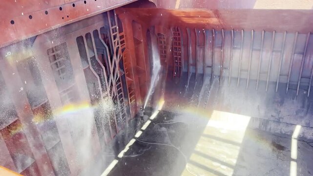 rew cleaning bulk carrier hold after discharging petroleum coke using seawater, chemicals, and brushes. 42