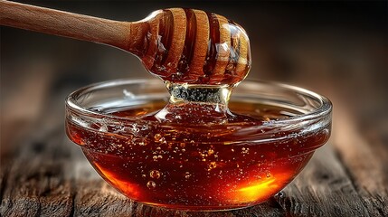 Honey dripping from a wooden dipper into a glass bowl on wood surface.