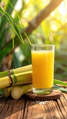 Sweet sugar cane juice glass on wood