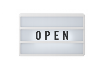 Lightbox sign displaying open message, informing customers of business operating hours, welcome concept