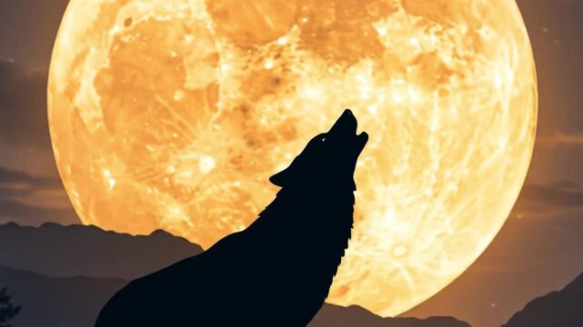 Moonlit wolf silhouette atop hills, pines, jagged mountains glow under a colossal full moon tonight