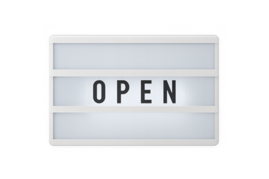 Lightbox sign displaying open message, informing customers of business operating hours, welcome concept