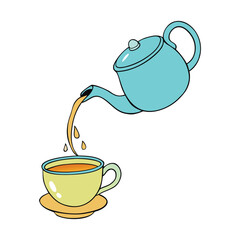 Hot tea pours smoothly from a classic kettle into a delicate teacup, releasing steam and aroma. A cozy, heartwarming moment perfect for tea lovers and relaxation.
