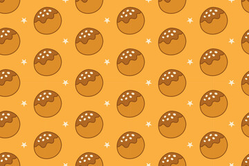 Takoyaki with star colorful illustration pattern on yellow background set for Japanese food. Fried octopus ball cartoon vector pattern background for packaging. Street food ball doodle isolated motif