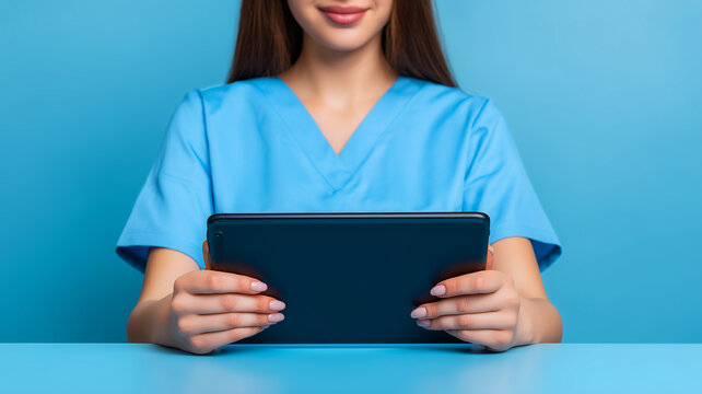 Nurse using a digital tablet, conveying electronic health records management, telehealth coordination, and patient data documentation in modern care.
 - Powered by Adobe