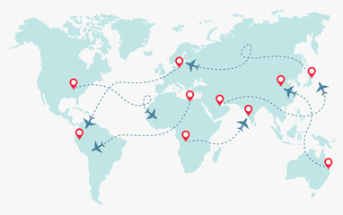 world map tour travel holiday aircraft plane traffic vector template design illustration