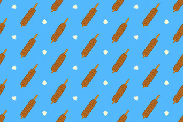 Meat satay with light colorful illustration pattern on blue background set for restaurant. Barbecue skewer cartoon vector pattern background for culinary. Grilled kebab stick doodle isolated motif