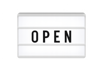 Open lightbox sign displaying message, welcoming customers to shop or business, isolated on transparent background