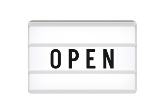 Open lightbox sign displaying message, welcoming customers to shop or business, isolated on transparent background