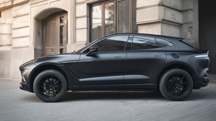 Matte black luxury suv with sleek aerodynamic body, modern sport design, premium vehicle exterior, side view showcasing powerful transport concept and high-end automotive styling