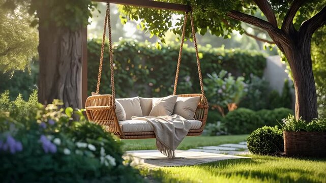 AI-generated video of A serene outdoor scene featuring a hanging wicker swing bench suspended by thick ropes from a sturdy overhead structure. The bench is adorned with beige cushions 
