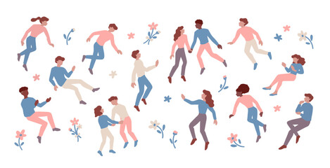 いろいろな人々と花がふわふわと浮かぶ - 雰囲気を演出するウェルビーイングの手書き風ベクターイラスト素材 Diverse people jumping and floating with flowers - wellbeing happiness lifestyle illustration