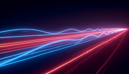 The image is a digital abstraction of highway lanes with glowing red and blue neon lights, creating a sense of speed and data flow.