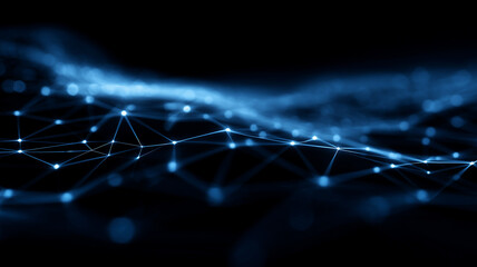 Abstract connected nodes forming a flowing network mesh, conveying data connectivity, internet topology, resilience, and large scale communication.
