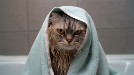 A disgruntled feline friend, wrapped snugly in a cozy towel, expresses its clear disapproval after an unexpected and unwelcome shower experience