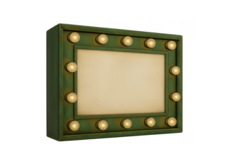 Vintage green vanity mirror with illuminated lightbulbs, backstage theatrical dressing room makeup concept, transparent background