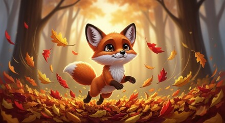 Cute cartoon fox running through autumn leaves in a forest