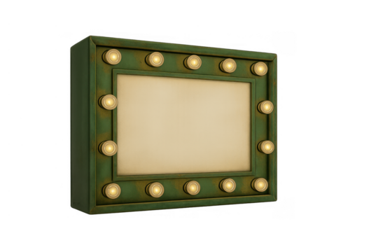 Vintage green vanity mirror with illuminated lightbulbs, backstage theatrical dressing room makeup concept, transparent background