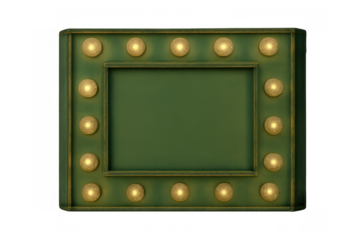Retro green vanity mirror with gold bulbs, classic hollywood makeup style and marquee light frame, transparent background
