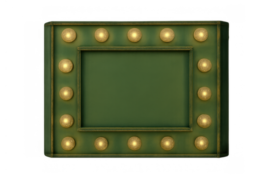 Retro green vanity mirror with gold bulbs, classic hollywood makeup style and marquee light frame, transparent background