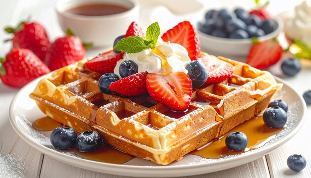 Delicious Homemade Waffle with Fresh Berries with Whipped Cream, and Syrup on a Plate.