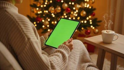 Woman tablet green screen, Christmas tree