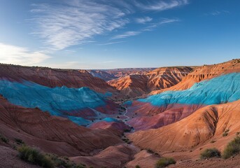 Fototapeta premium A breathtaking natural valley transforms into an expansive artistic mural, blending vibrant painted forms with geological features ,design ,vibrant ,creative