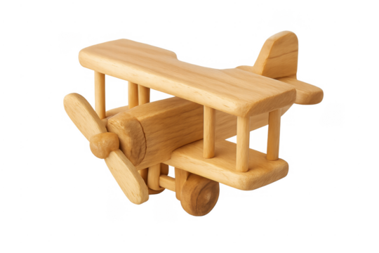 Wooden biplane toy representing childhood and simplicity, transparent background