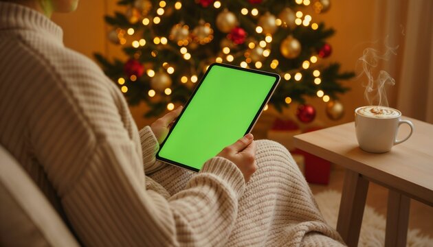 Woman tablet green screen, Christmas tree